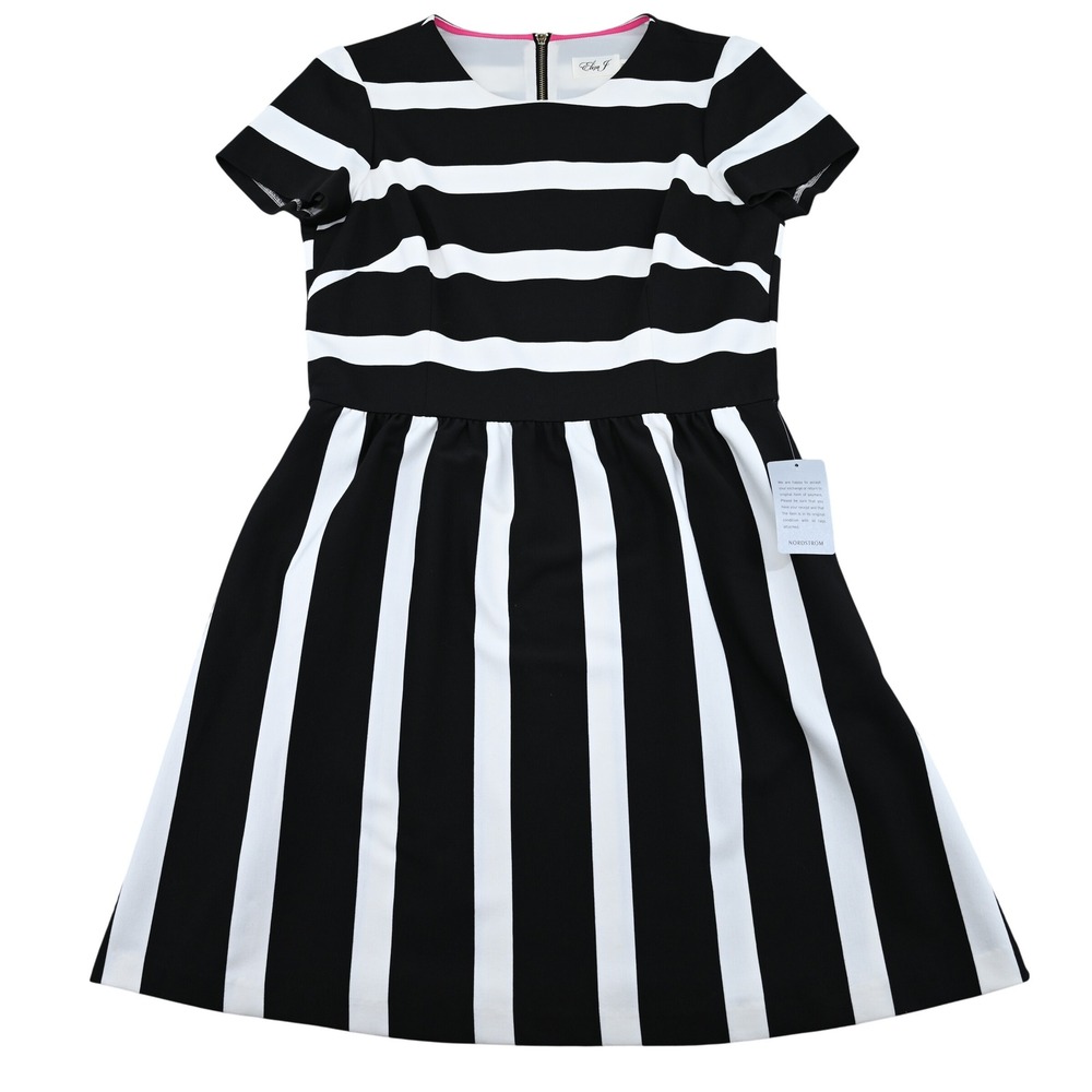 NWT Eliza J Dress 14 Black White Striped Fit Flare Pockets Short Sleeve Cocktail